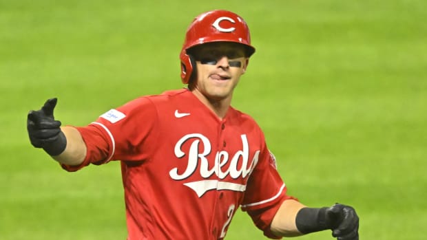 Sep 26, 2023; Cleveland, Ohio, USA; Cincinnati Reds center fielder TJ Friedl (29) celebrate his solo home run in the sixth inning against the Cleveland Guardians at Progressive Field. Mandatory Credit: David Richard-USA TODAY Sports  